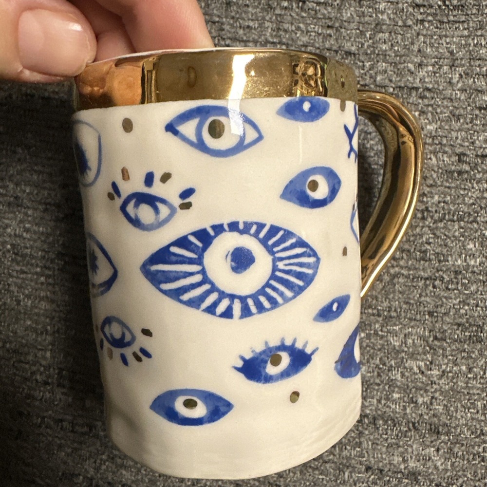 Anthropologie Evil Eye Blue Gold Coffee Mug Hand Painted Stoneware - Picture 1 of 6